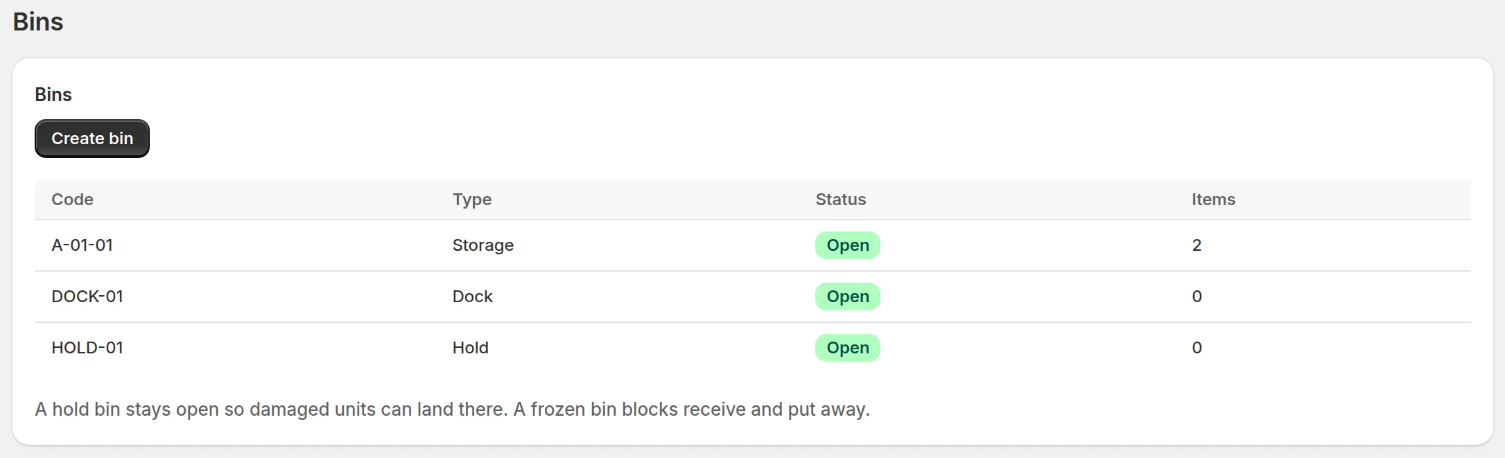 Bins page listing a storage bin, a dock bin, and a hold bin.