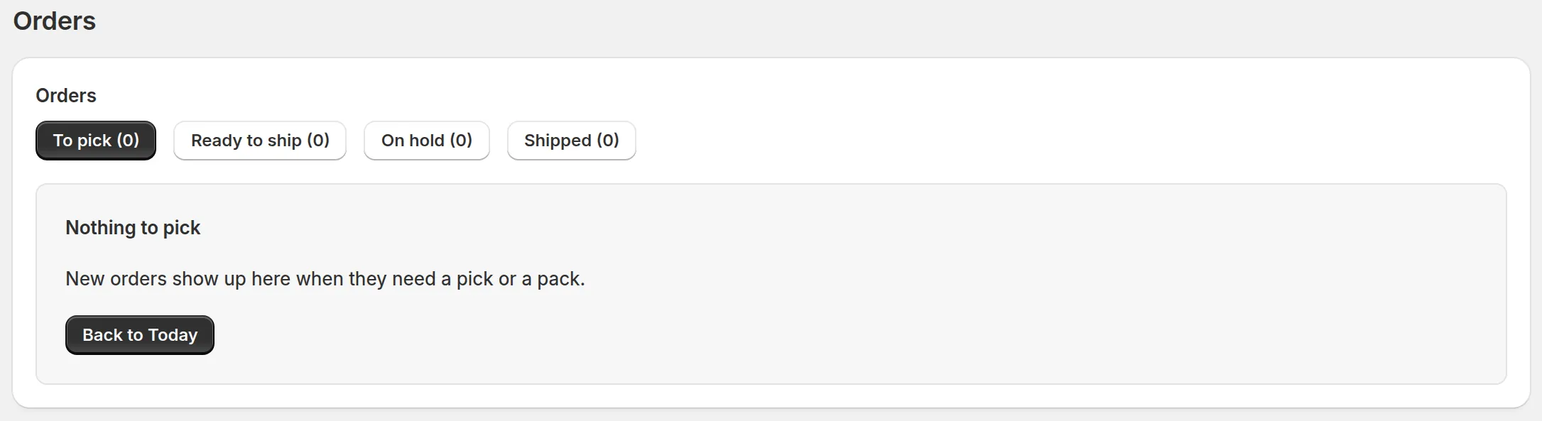 Orders page filtered to To pick, with an empty list and a link back to Today.